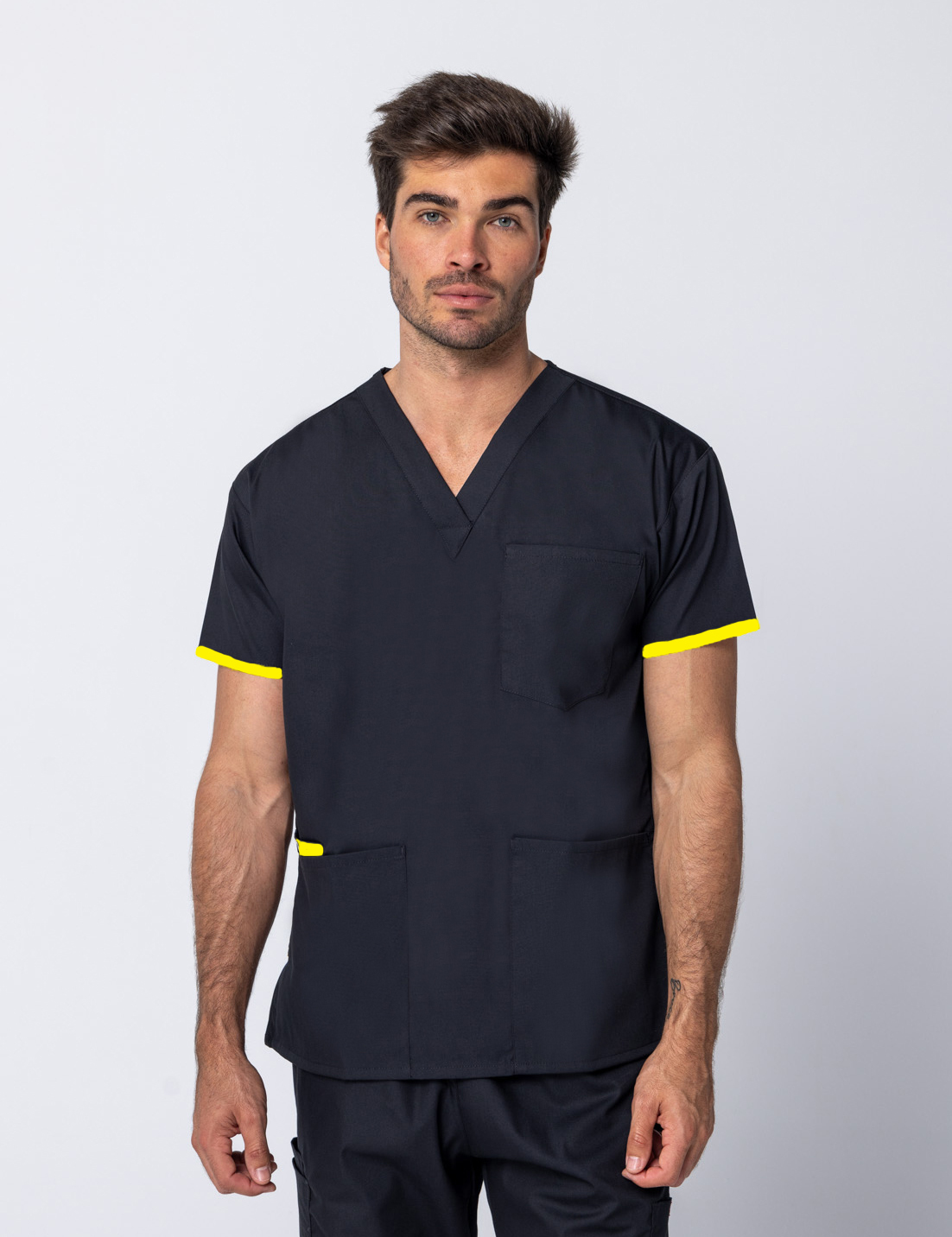 Medical Imaging - Prince Charles Hospital - 4 Pocket Top w/ Yellow Trim (1cm width, no VNECK) and Cargo Pants in Black (incl Logos)