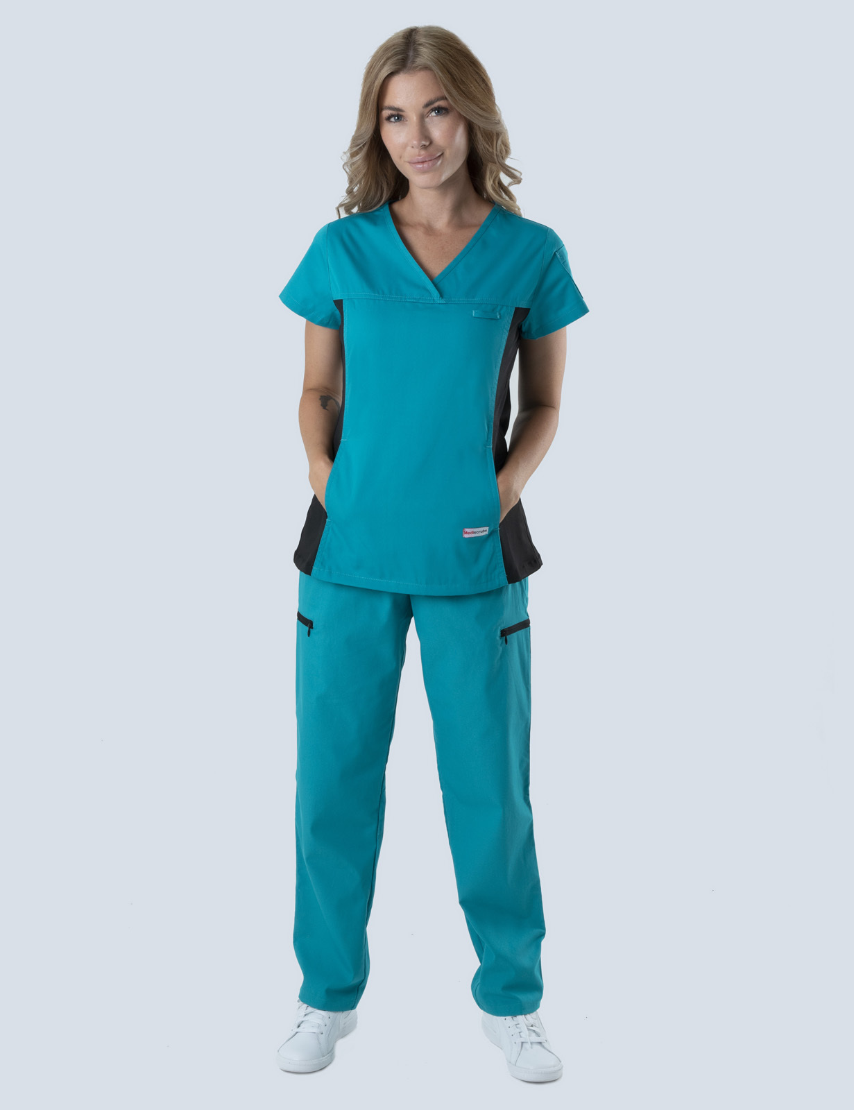 Women's Fit Solid Scrub Top With Spandex Panel - Teal - X Small