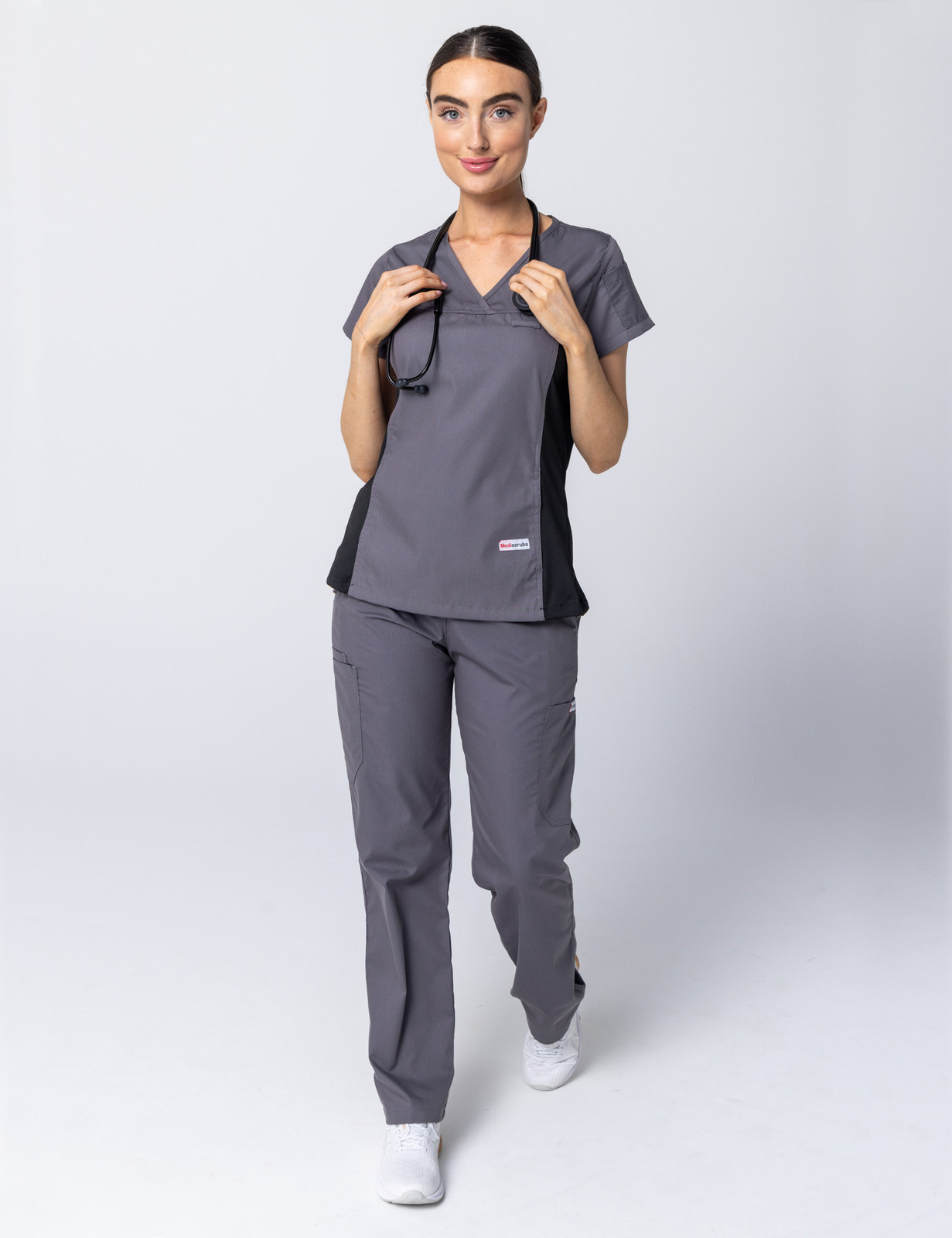 Women's Fit Scrub Top With Spandex Panel - Steel Grey - Medium