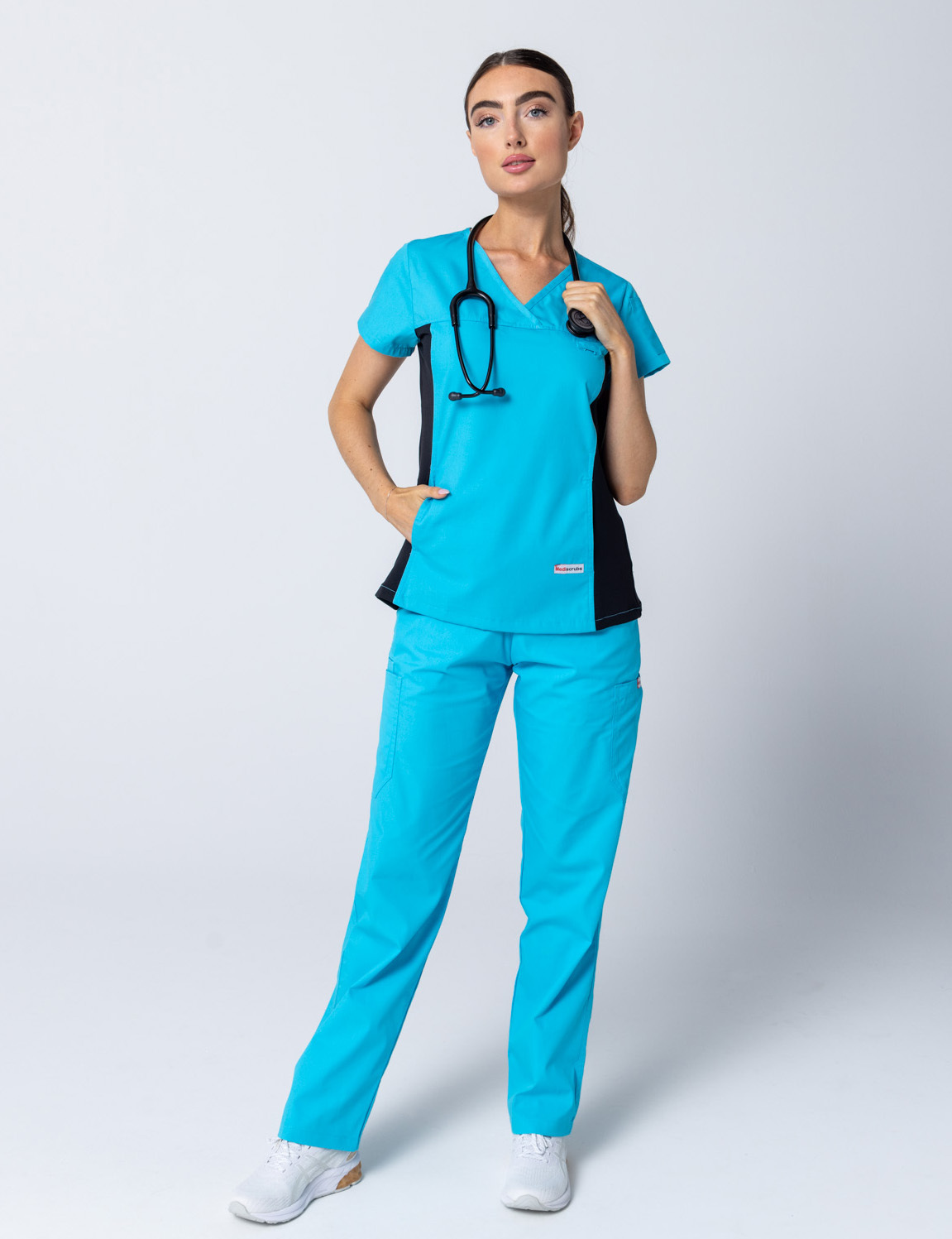 Women's Fit Scrub Top With Spandex Panel - Aqua - XX Small