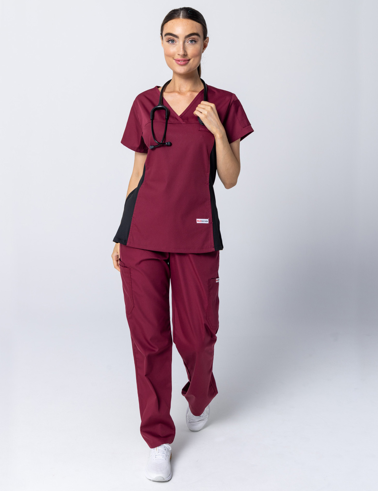 Women's Fit Solid Scrub Top With Spandex Panel - Burgundy - Small
