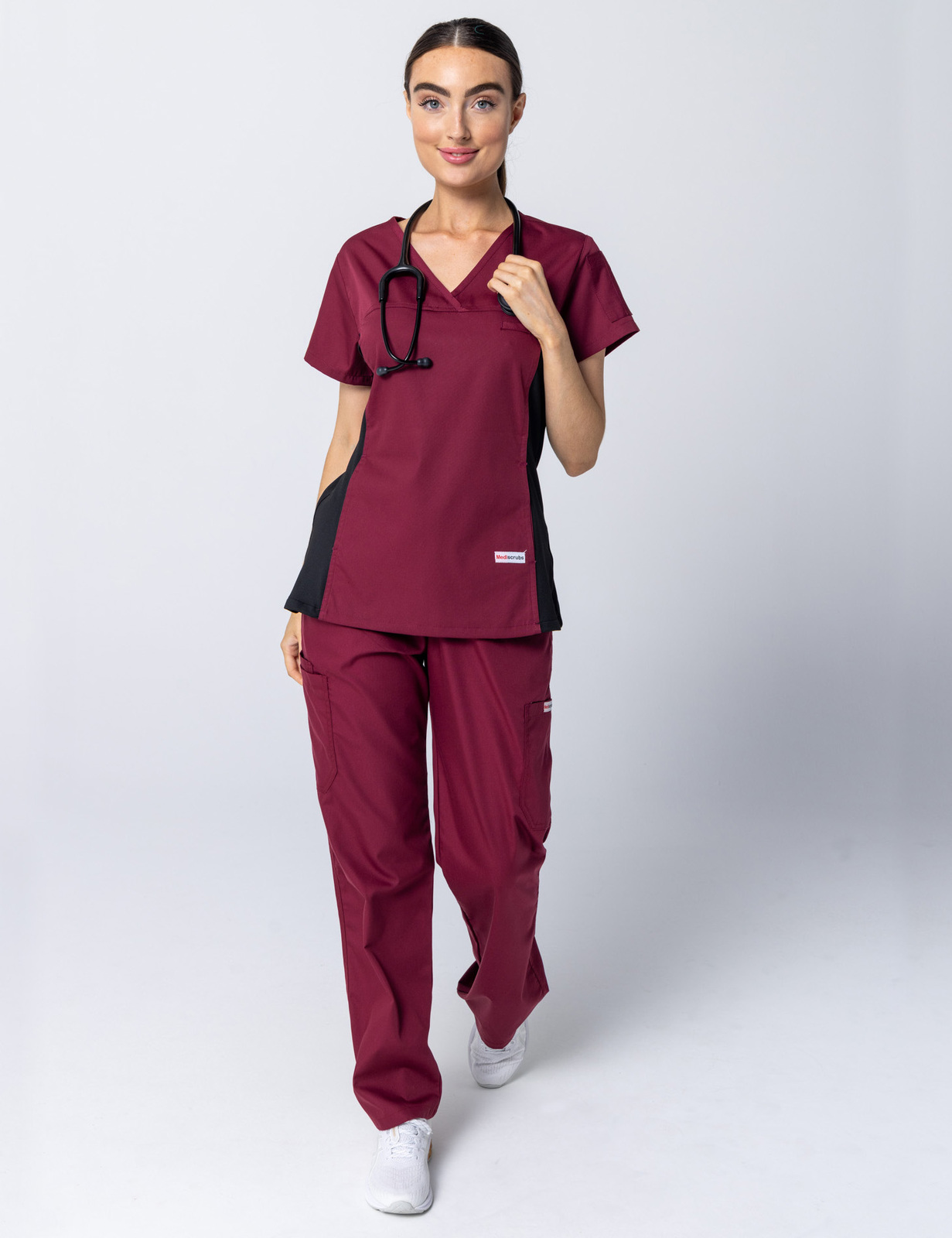 Women's Fit Scrub Top With Spandex Panel - Burgundy - X Large