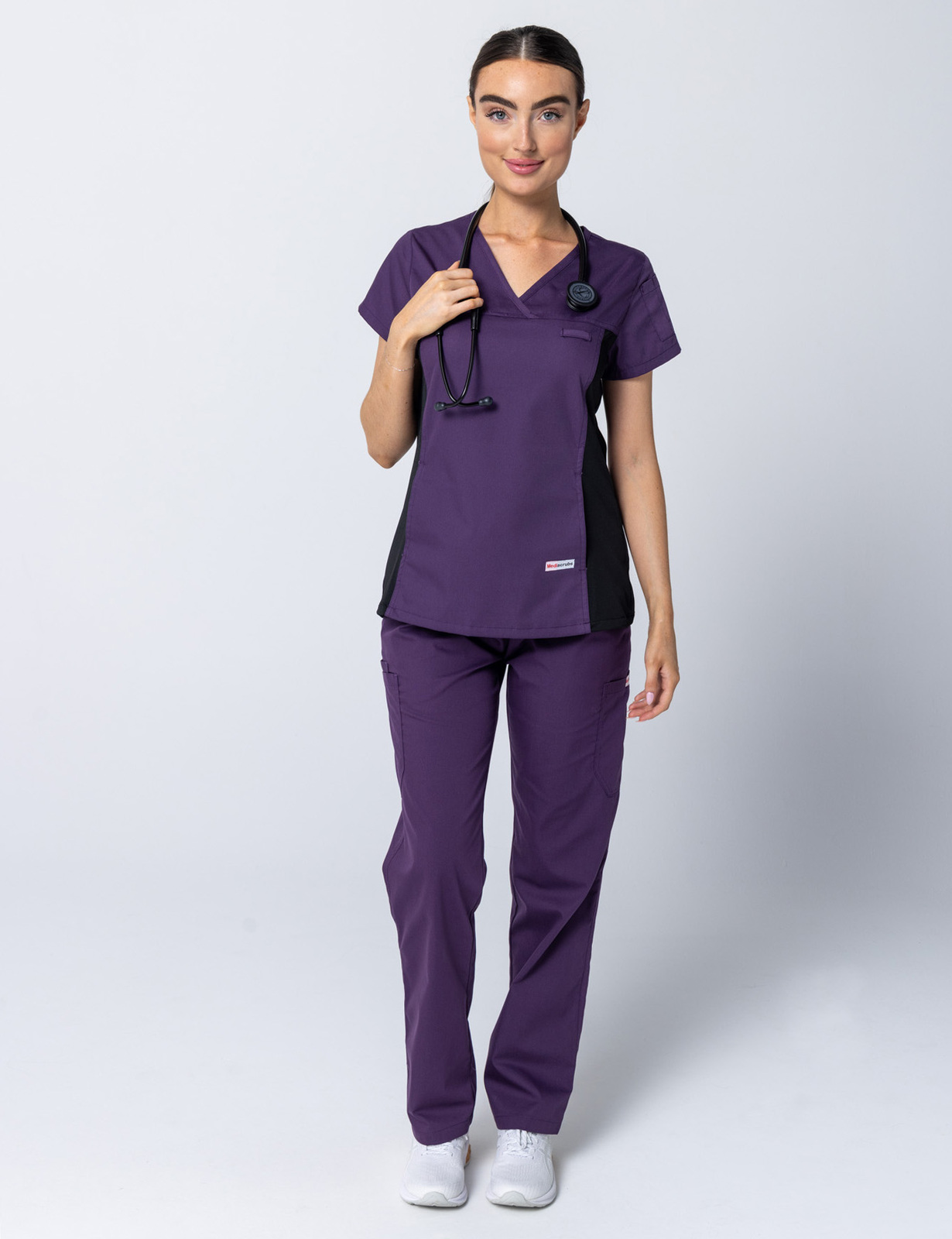 Women's Fit Scrub Top With Spandex Panel - Aubergine - 2X Large