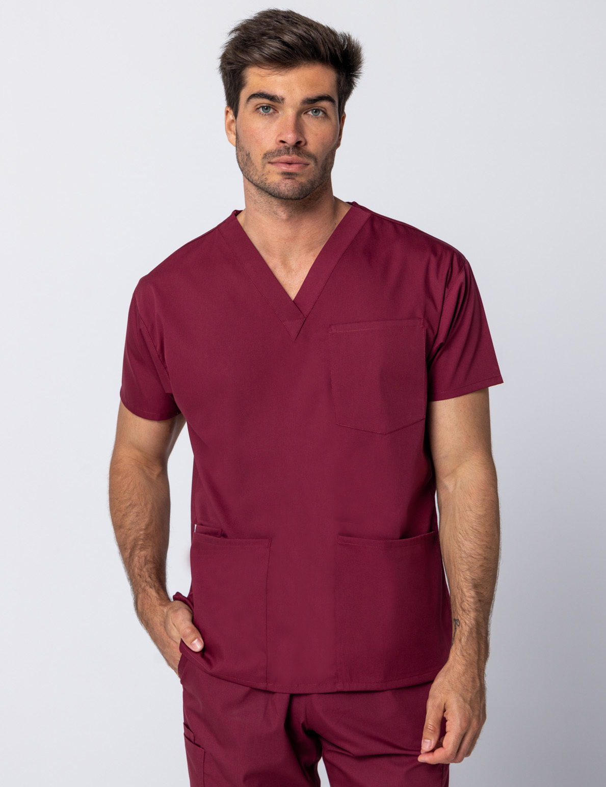 Men's 4 Pocket Scrub Top - Burgundy - Medium