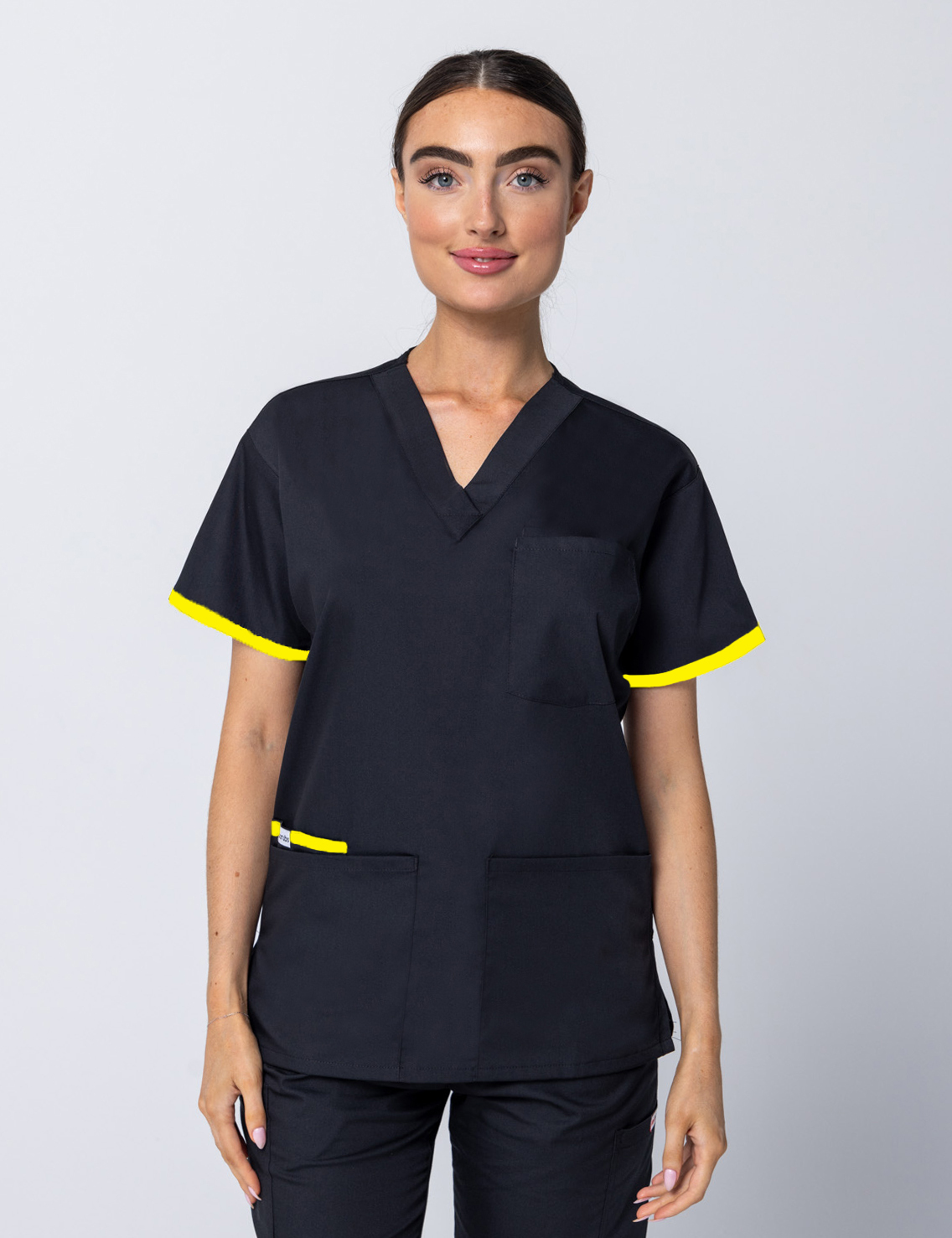 Medical Imaging - Prince Charles Hospital - 4 Pocket Top w/ Yellow Trim (1cm width, no VNECK) and Cargo Pants in Black (incl Logos)