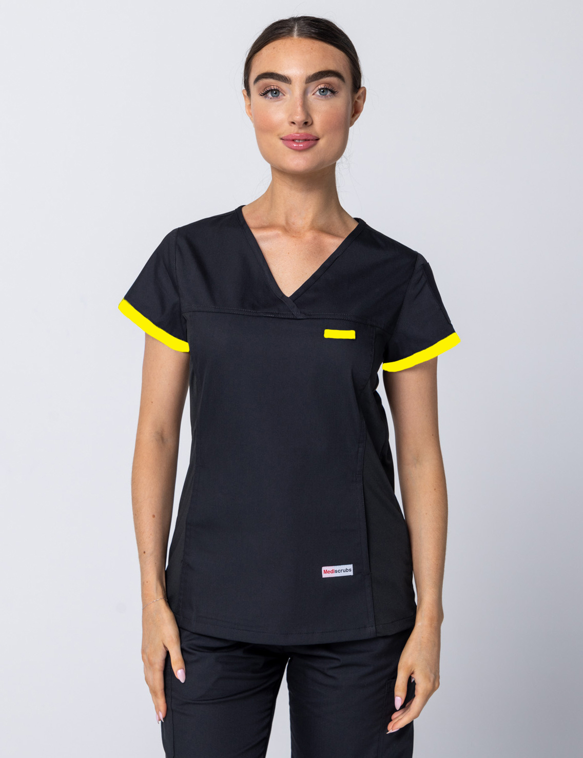 Medical Imaging - Prince Charles Hospital - Women's Fit Spandex Top w/ Yellow Trim (1cm width, no VNECK) and Cargo Pants in Black (incl Logos)