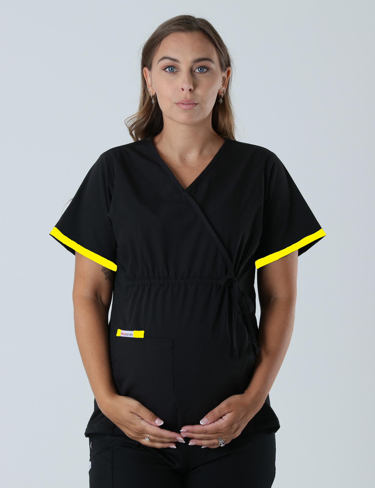 Medical Imaging - Prince Charles Hospital - Maternity Spandex Top w/ Yellow Trim (1cm width, no VNECK) and Maternity Cargo Pants in Black (incl Logos)