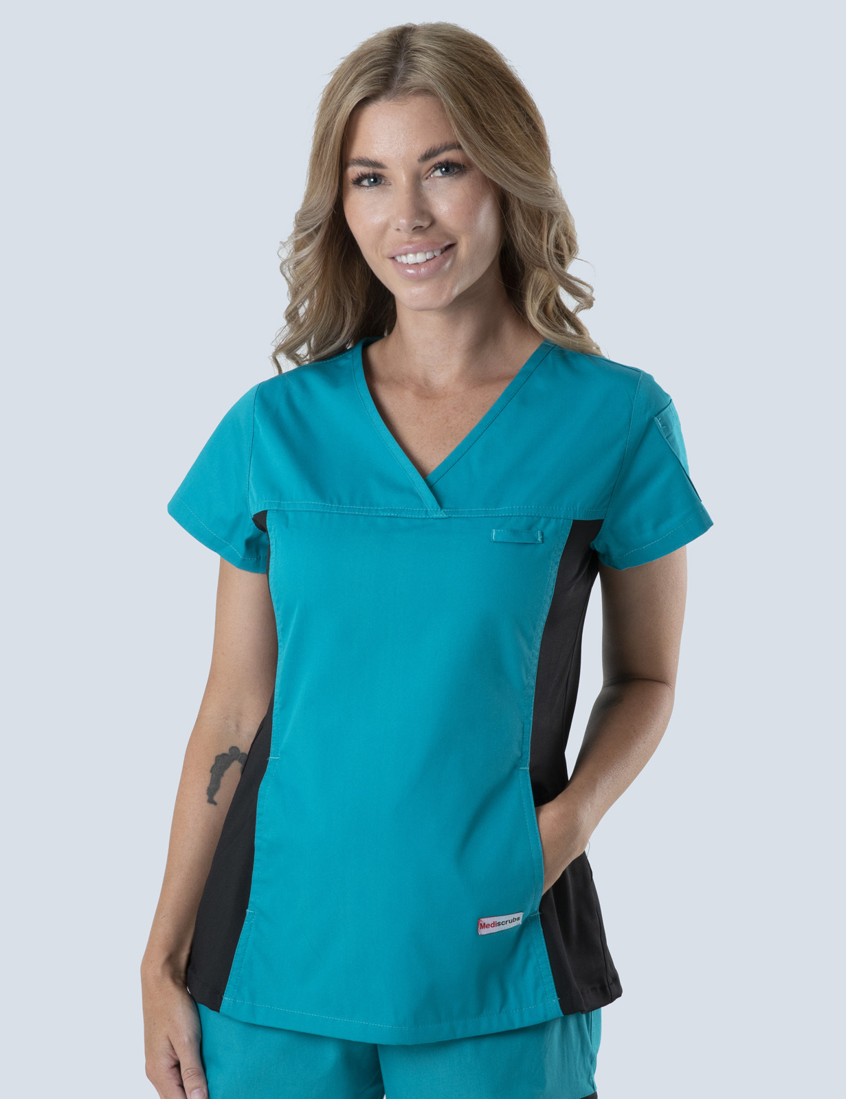 Women's Fit Solid Scrub Top With Spandex Panel - Teal - X Small
