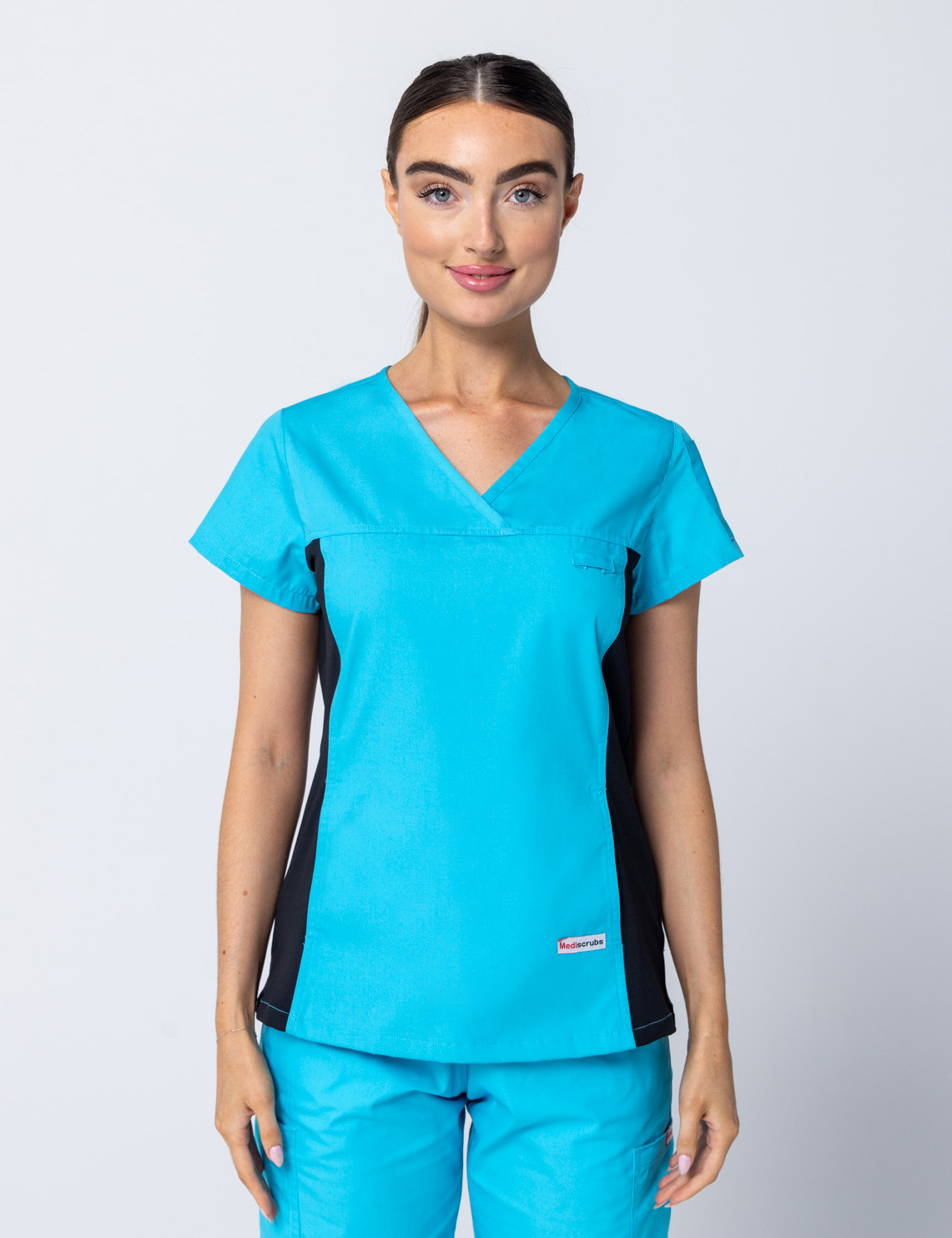 Women's Fit Scrub Top With Spandex Panel - Aqua - XX Small